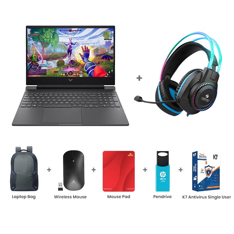 Picture of HP - Victus AMD Ryzen 5 5600H 15.6" (39.6 cm) 15-fb0185AX Gaming Laptop (8GB/ 512GB SSD/ AMD Radeon RX 6500M/ 4 GB GDDR6/ Windows 11 Home/ MS Office/ Mica silver/ 1 Year Warranty/2.29 kg) Zebronics Zeb-Jet Premium Gaming Headphone + Laptop Bag + Wireless Mouse + Mouse Pad + Pendrive + K7 Antivirus Single User